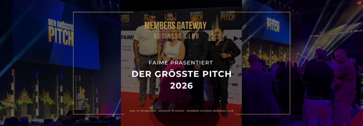titelbild des blogbeitrags zu "der größte Pitch". 3 bilder des events im hintergrund